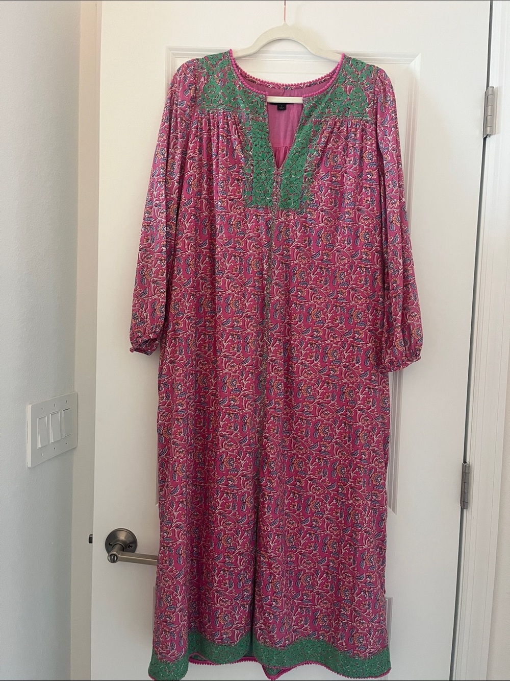 J. Crew Cotton Pink Paisley Dress with Green Embroidered Trim Sz S